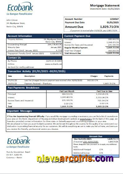 Benin Ecobank bank mortgage statement